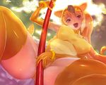  :d animal_ears bangle bare_shoulders between_legs blonde_hair blurry blush bracelet breasts brown_hair circlet covered_nipples depth_of_field elbow_gloves extra_ears gloves golden_snub-nosed_monkey_(kemono_friends) groin hei_(heiyohei) holding holding_staff jewelry kemono_friends large_breasts leotard long_hair looking_at_viewer monkey_ears multicolored_hair open_mouth outdoors puffy_nipples sleeveless smile solo spread_legs staff thighhighs 