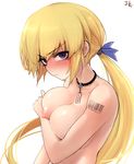  alternate_hairstyle artist_name bad_id bad_tumblr_id bangs barcode_tattoo blue_bow blue_eyes blush bow breasts closed_mouth collar collarbone covering covering_breasts fate/apocrypha fate_(series) floating_hair from_side glaring hair_bow highres j.k. jeanne_d'arc_(fate) jeanne_d'arc_(fate)_(all) large_breasts long_hair looking_at_viewer low_ponytail nipples nude ponytail price_tag sidelocks simple_background solo studded_collar tattoo tsurime very_long_hair white_background 