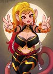  2016 anthro breasts cleavage clothed clothing ear_piercing female hair lipstick long_hair looking_at_viewer makeup mammal midriff monkey multicolored_hair navel nim-nim piercing primate solo sonyu_tainkong soulblader tongue tongue_out v_sign 