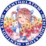  :d animal animal_on_shoulder bouquet brown_hair cat cat_on_shoulder closed_eyes copyright_name facing_viewer flower green_eyes hat little_nurse mentholatum nurse_cap open_mouth round_image short_twintails smile solo twintails upper_body white_cat zenyu 