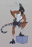  2016 anthro athletic black_skin boxers_(clothing) brown_skin claws clothing dinosaur evaristo feathers fede_mexy grin invalid_tag male markings pose raptor signature simple_background smile solo standing teeth theropod underwear white_skin yellow_eyes 