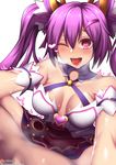  aisha_(elsword) arm_garter bare_shoulders blush breasts cleavage dimension_witch_(elsword) elsword fi-san hair_ornament heart heart-shaped_pupils highres long_hair looking_at_viewer magical_girl medium_breasts one_eye_closed open_mouth pov purple_eyes purple_hair symbol-shaped_pupils twintails white_background 