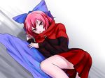  blue_bow blue_cape bow cape dutch_angle hair_bow high_collar long_sleeves looking_at_viewer lying on_side pink_eyes red_hair red_skirt sekibanki skirt solo tenamaru touhou 