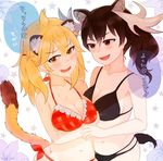  alternate_hairstyle ancolatte_(onikuanco) animal_ears antlers armpit_peek bare_arms bare_shoulders bikini black_bikini blonde_hair blush breast_hold breasts brown_eyes brown_hair cleavage collarbone commentary_request eyebrows_visible_through_hair fang frilled_bikini_top frills heart kemono_friends large_breasts lion_(kemono_friends) lion_ears lion_tail long_hair looking_at_another looking_to_the_side moose_(kemono_friends) moose_ears moose_tail multiple_girls navel open_mouth orange_eyes plaid plaid_bikini ponytail side-tie_bikini side-tie_bottom smile standing star stomach sweat swimsuit tail translated twintails upper_body yuri 
