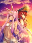  animal_ears back-to-back bikini breasts cloud earrings family_crest fate/grand_order fate_(series) hand_on_hip hat highres jackal_ears jewelry long_hair medium_breasts multiple_girls navel nitocris_(fate/grand_order) nitocris_(swimsuit_assassin)_(fate) oda_nobunaga_(fate) oda_nobunaga_(swimsuit_berserker)_(fate) oda_uri peaked_cap ponytail purple_eyes purple_hair raayu_(0u_rayu) red_eyes red_hair sarong shiny shiny_skin sideboob sky smile standing sunset swimsuit tiara white_bikini 