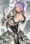  animal_ears ariverkao armor assassin breasts bunny_ears choker cleavage jewelry large_breasts leaning_forward looking_at_viewer midriff original pendant purple_eyes purple_hair short_hair solo standing weapon 
