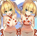  :d ahoge artoria_pendragon_(all) bangs bikini blonde_hair blue_eyes blue_sky blush breasts cleavage closed_mouth cloud cosplay criss-cross_halter fate/grand_order fate_(series) flat_chest green_eyes halterneck large_breasts leaning_forward long_hair looking_at_viewer multiple_girls navel nero_claudius_(fate)_(all) nero_claudius_(swimsuit_caster)_(fate) nero_claudius_(swimsuit_caster)_(fate)_(cosplay) open_mouth outdoors patreon_username phandit_thirathon saber side-tie_bikini skindentation sky smile striped striped_bikini swimsuit thigh_gap twintails watermark web_address 