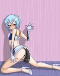  1girl ass ayanami_rei blue_hair blush breasts butt_plug buttplug buttplug_tail dildo elbow_gloves female gloves high_heels kneeling neon_genesis_evangelion pussy_juice red_eyes rei_ayanami rir short_hair skirt skirt_lift solo tail 