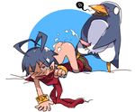  &lt;3 abstract_background ass_up avian beak blue_body blue_hair blush bracelet clothing cum cum_on_back cumshot disco_(artist) disgaea duo embarrassed erection from_behind gay hair jewelry laharl male one_eye_closed open_mouth orgasm pants pants_down penguin penis prinny scarf sex standing white_belly young 