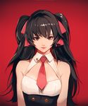  bare_shoulders black_hair brown_eyes brown_hair collar girls_frontline lips long_hair looking_at_viewer necktie qbz-97_(girls_frontline) red_background solo takssmask twintails 
