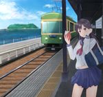  bag black_hair blue_eyes book cloud commentary_request day enoshima fence ground_vehicle hand_up holding holding_book irohakaede island kamakura_(city) kanagawa_prefecture looking_at_viewer navel ocean original pantograph platform railroad_tracks red_eyes road school_uniform serafuku shoulder_bag sign solo streetcar tower train_station translation_request 