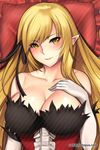  bare_shoulders blonde_hair blush breasts cleavage elbow_gloves gloves kiss-shot_acerola-orion_heart-under-blade large_breasts long_hair looking_at_viewer monogatari_(series) older oshino_shinobu pointy_ears ribbon slit_pupils smile solo tony_guisado watermark web_address white_gloves yellow_eyes 