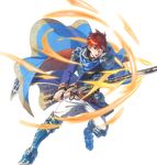  armor blue_eyes cape durandal_(fire_emblem) eliwood_(fire_emblem) fire fire_emblem fire_emblem:_rekka_no_ken fire_emblem_heroes full_body highres holding holding_weapon male_focus miyuu official_art red_hair short_hair sword transparent_background weapon 