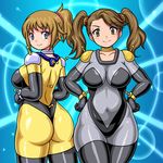  ass bangs belly blue_eyes blush bodysuit breasts cupsoup gundam gundam_build_fighters gundam_build_fighters_try hairband hands_on_hips hips hoshino_fumina large_breasts long_hair looking_at_viewer mobile_trace_suit multiple_girls navel plump sazaki_kaoruko simple_background skin_tight thick_thighs thighhighs thighs 