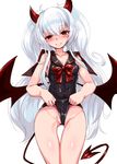  albino ass_visible_through_thighs bangs bare_arms bare_legs bare_shoulders blush breasts c: cleavage closed_mouth collarbone commentary_request covered_navel cowboy_shot dark_persona demon_girl demon_horns demon_tail demon_wings evo_grim eyebrows_visible_through_hair gradient_horns grim_aloe harigane_shinshi head_tilt highres horns labia long_hair looking_at_viewer low_wings medium_breasts one-piece_swimsuit quiz_magic_academy quiz_magic_academy_the_world_evolve red_eyes red_horns red_tail red_wings sailor_collar simple_background smile solo standing swimsuit swimsuit_lift tail twintails very_long_hair white_background white_hair wings 