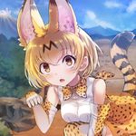  animal_ears blonde_hair blue_sky blush bow bowtie commentary_request day elbow_gloves fur_collar gloves high-waist_skirt highres kemono_friends looking_at_viewer nasuno_chiyo open_mouth orange_bow orange_eyes orange_neckwear outdoors paw_pose sandstar savannah serval_(kemono_friends) serval_ears serval_print serval_tail shirt short_hair skirt sky sleeveless sleeveless_shirt solo striped_tail tail 