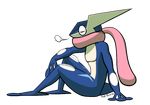  arm_support arm_up artist_name dakkpasserida eyes_closed feet frog from_side full_body no_humans pokemon pokemon_(creature) scarf sigh signature simple_background sitting solo tail text tongue tongue_out transparent_background 