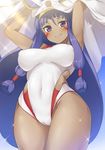  animal_ears blush breasts closed_mouth covered_navel covered_nipples dark_skin facial_mark fate/grand_order fate_(series) highres jackal_ears long_hair looking_at_viewer medium_breasts nanasea74 nitocris_(fate/grand_order) nitocris_(swimsuit_assassin)_(fate) purple_eyes purple_hair smile solo sparkle standing very_long_hair 