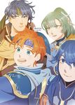  2girls armor blue_eyes blue_hair cape collarbone cosplay darkgreyclouds dress eliwood_(fire_emblem) eliwood_(fire_emblem)_(cosplay) fire_emblem fire_emblem:_fuuin_no_tsurugi fire_emblem:_kakusei fire_emblem:_rekka_no_ken fire_emblem:_souen_no_kiseki fire_emblem_heroes green_eyes green_hair greil greil_(cosplay) headband high_ponytail ike long_hair looking_at_viewer lucina lyndis_(fire_emblem) multiple_boys multiple_girls open_mouth ponytail red_hair roy_(fire_emblem) short_hair smile very_long_hair 
