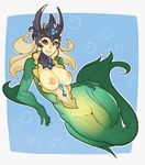  blonde_hair blue_background breasts brooch bubble collar crown fins full_body gem hand_on_hip highres jewelry league_of_legends lips looking_at_viewer medium_breasts mermaid monster_girl nami_(league_of_legends) nipples nude outline parted_lips pussy red_eyes smile solo splashbrush uncensored white_outline 