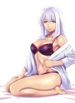  alternate_costume barefoot black_bra bra breasts cleavage collarbone commentary_request ishii_hisao kantai_collection large_breasts long_hair looking_at_viewer navel seiza shirt shoukaku_(kantai_collection) silver_hair sitting smile solo thighs underwear white_shirt yellow_eyes 
