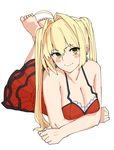  bangs barefoot blonde_hair blush breasts cleavage closed_mouth earrings eyebrows_visible_through_hair fate/extra fate_(series) flat_color full_body green_eyes hair_between_eyes hair_intakes jewelry large_breasts long_hair looking_at_viewer lying michihasu modern_costume_of_crimson nero_claudius_(fate)_(all) nero_claudius_(swimsuit_caster)_(fate) on_stomach one-piece_swimsuit red_swimsuit sidelocks simple_background smile solo swimsuit the_pose tsurime twintails white_background 