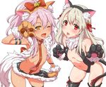  animal_ears arm_strap arm_up ass_visible_through_thighs bare_shoulders bell black_gloves black_legwear blush bow breasts brown_eyes cameltoe cat_ears cat_tail center_opening chloe_von_einzbern clearite cowboy_shot elbow_gloves fake_animal_ears fang fate/kaleid_liner_prisma_illya fate_(series) fur_trim gloves hair_bell hair_between_eyes hair_ornament hair_ribbon illyasviel_von_einzbern jingle_bell long_hair looking_at_viewer multiple_girls navel one_eye_closed open_mouth paw_gloves paws pink_hair red_eyes revealing_clothes ribbon sidelocks simple_background small_breasts tail tail_ribbon tattoo thigh_strap thighhighs tongue tongue_out white_background 