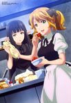  :d absurdres aletta apron black_dress black_hair black_ribbon black_shirt blonde_hair cake cream cream_on_face dress eating food food_on_face green_eyes grey_skirt highres horns imoto_yuki indoors isekai_shokudou kitchen kuro_(isekai_shokudou) long_hair looking_at_viewer maid multiple_girls neck_ribbon open_mouth pastry_bag pinafore_dress pointy_ears ribbon shirt short_sleeves skirt smile twintails very_long_hair white_apron white_shirt yellow_eyes 