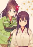  akagi_(kantai_collection) amagi_(kantai_collection) brown_eyes brown_hair commentary_request flower green_eyes green_kimono hair_between_eyes hair_flower hair_ornament highres japanese_clothes kantai_collection kimono leaf leaf_hair_ornament long_hair long_sleeves maple_leaf masukuza_j mole mole_under_eye multiple_girls ponytail smile white_flower wide_sleeves 