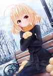  akuma_no_riddle bench blonde_hair bread building bush coat dutch_angle food hashiri_nio highres melon_bread outdoors pantyhose red_eyes scarf skyscraper smile snow solo sunimu tree 