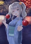  alternate_costume blue_eyes blurry blush candy_apple commentary_request depth_of_field fireworks flower food hair_flower hair_ornament incoming_food irohakaede japanese_clothes kantai_collection kashima_(kantai_collection) kimono looking_at_viewer obi sash silver_hair solo twintails upper_body yukata 