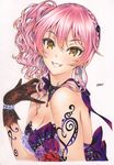  alternate_hairstyle bad_id bad_twitter_id bangs bare_shoulders bow breasts choker cleavage colored_pencil_(medium) dress earrings eyelashes flower gloves grin hair_between_eyes highres idolmaster idolmaster_cinderella_girls idolmaster_cinderella_girls_starlight_stage inuono_mama jewelry jougasaki_mika looking_at_viewer medium_breasts pink_hair print_gloves simple_background sleeveless sleeveless_dress smile solo strapless strapless_dress tattoo traditional_media white_background yellow_eyes 