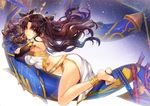  asymmetrical_legwear asymmetrical_sleeves bad_id bad_pixiv_id barefoot black_hair crown detached_sleeves earrings ells fate/grand_order fate_(series) hair_ribbon heavenly_boat_maanna hoop_earrings ishtar_(fate/grand_order) jewelry long_hair long_legs looking_at_viewer pelvic_curtain red_eyes ribbon single_detached_sleeve single_thighhigh smile solo thighhighs two_side_up 