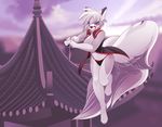  2017 anthro barefoot black_nose breasts canine clothed clothing day detailed_background female fox fur hair holding_object holding_weapon mammal phation purple_eyes sky solo weapon white_fur white_hair 