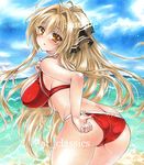  adjusting_clothes adjusting_swimsuit amagi_brilliant_park antenna_hair artist_name ass at_classics bangs bare_arms beach bikini blonde_hair blue_sky blush bow breasts closed_mouth cloud cowboy_shot day eyebrows_visible_through_hair from_behind hair_between_eyes hair_bow hair_intakes large_breasts long_hair looking_at_viewer looking_back outdoors red_bikini sample sento_isuzu sky solo swimsuit traditional_media very_long_hair water watermark yellow_eyes 