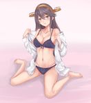  bangs barefoot blush bra breasts brown_eyes brown_hair cleavage collarbone commentary_request dress_shirt eyelashes gradient gradient_background haruna_(kantai_collection) headgear irohakaede jewelry kantai_collection large_breasts lips long_hair looking_at_viewer navel paisley panties pink_background purple_bra purple_panties ring shirt sitting solo swept_bangs underwear undressing wedding_band 