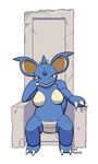  1girl animal_ears arm_up artist_name black_eyes breasts chair claws dakkpasserida feet full_body hand_up horns legs_apart looking_at_viewer medium_breasts nidoqueen no_humans pokemon pokemon_(creature) pokemon_rgby signature simple_background sitting solo tail text throne transparent_background 