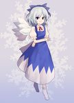  &gt;:) blue_eyes blue_hair bow cirno collared_shirt crossed_arms dress hair_bow ice ice_wings neck_ribbon puffy_short_sleeves puffy_sleeves ribbon rion_(glayjirobass) shirt short_sleeves smile smirk snowflake_background solo the_embodiment_of_scarlet_devil touhou v-shaped_eyebrows wings 