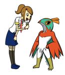  1girl artist_name bird black_eyes black_sclera black_socks blue_shoes blue_skirt brown_hair crossover dakkpasserida eye_contact feet from_side full_body hair_ornament hand_up hands_on_hips hawlucha kneehighs leaning_forward legs_apart looking_down looking_up microphone necktie open_mouth pink_necktie pokemon pokemon_(creature) pokemon_xy ponytail reporter_(rhythm_tengoku) rhythm_tengoku shirt shoes short_hair short_sleeves signature simple_background skirt smile socks standing text tied_hair transparent_background white_shirt wristband yellow_eyes 