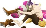  abs barefoot boots character_name charlotte_cracker cracker food gloves gloves_removed hair_bun highres living_(pixiv5031111) male_focus one_piece pink_eyes purple_hair scar shirtless simple_background sitting solo teeth white_background 