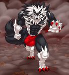  2017 5_fingers abs anthro biceps black_hair black_skin bulge canine clothing darkstalkers drooling gloves_(marking) grin hair hungothenomster jon_talbain male mammal markings multicolored_hair multicolored_skin muscular muscular_male penis_outline red_eyes saliva smile socks_(marking) solo standing tight_underwear two_tone_hair two_tone_skin underwear video_games were werewolf white_hair white_skin wolf 