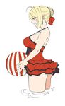  :d ass ball bangs beachball blonde_hair bow braid breasts earrings eyebrows_visible_through_hair fate/extra fate_(series) flat_color french_braid from_side green_eyes hair_bow hair_bun hair_intakes jewelry large_breasts michihasu modern_costume_of_crimson nero_claudius_(fate) nero_claudius_(fate)_(all) one-piece_swimsuit open_mouth profile red_bow red_swimsuit sideboob sidelocks simple_background smile solo swimsuit thighs wading white_background 