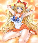  aino_minako armpits arms_up artist_name at_classics bangs bishoujo_senshi_sailor_moon blonde_hair blue_bow blue_eyes blush bow breasts choker cleavage closed_mouth eyebrows_visible_through_hair forehead_jewel full_body hair_bow hands_in_hair heart high_heels large_breasts long_hair looking_at_viewer orange_skirt panties pleated_skirt red_bow sailor_senshi_uniform sailor_venus sample school_uniform serafuku sitting skirt sleeveless smile solo star traditional_media underwear very_long_hair wariza watermark white_panties 