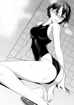  ass bangs bare_legs barefoot blush breasts comic_koh commentary_request competition_swimsuit drain_(object) dutch_angle eyebrows_visible_through_hair feet greyscale hair_between_eyes highres kneeling kyuuso_inukami legs_apart light_smile lips looking_at_viewer medium_breasts monochrome nose_blush one-piece_swimsuit original parted_lips short_hair shower_(place) soles solo swimsuit thighs tsurime twisted_torso wet 