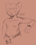  2017 anthro belt buckle casey_(nitw) cat clothed clothing colorless feline gun handgun humor male mammal night_in_the_woods parody partially_clothed pistol ranged_weapon sketch smile smug topless watch weapon zipper 半羊 
