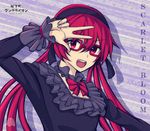  arm_up bad_id bad_pixiv_id blush copyright_name critter100 eyebrows_visible_through_hair glasses joukamachi_no_dandelion long_hair long_sleeves looking_at_viewer red_eyes red_hair sakurada_akane smile solo teeth twintails upper_body v 