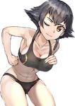  bad_id bad_pixiv_id bare_shoulders black_hair braid breasts brown_eyes buruma collarbone commentary_request cowboy_shot girls_und_panzer gym_uniform highres italian_flag large_breasts leaning_forward midriff navel one_eye_closed pepperoni_(girls_und_panzer) short_hair sikijou77o simple_background smile solo sports_bra thighs toned white_background 
