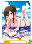  artist_request ass bare_legs barefoot beach bikini bird blue_bikini blue_sky breasts brown_eyes brown_hair cat chin_rest cleavage cloud cloudy_sky crab crossed_legs day dengeki_moeou digital_media_player earbuds earphones flower halterneck highres kurogoma lying medium_breasts mole mole_under_eye on_stomach outdoors parted_lips petting side-tie_bikini sidelocks single_earphone_removed sky solo swimsuit wet wet_hair 