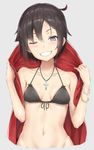  ;) black_hair blush breasts chain collarbone commentary cross cross_necklace front-tie_bikini front-tie_top grey_background grey_eyes grin half-closed_eye halter_top halterneck hand_up highres jewelry navel necklace one_eye_closed parted_lips reinama ruby_rose rwby simple_background small_breasts smile solo stomach teeth upper_body 