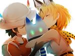  :3 ^_^ amime_(pqrs1994) animal_ears backpack bag bare_shoulders black_gloves blonde_hair blush closed_eyes collarbone commentary_request extra_ears gloves hand_on_another's_arm hat hat_feather helmet highres hug kaban_(kemono_friends) kemono_friends lucky_beast_(kemono_friends) multiple_girls pith_helmet red_shirt sandwiched serval_(kemono_friends) serval_ears serval_print shirt short_hair short_sleeves sleeveless smile upper_body white_background white_shirt 
